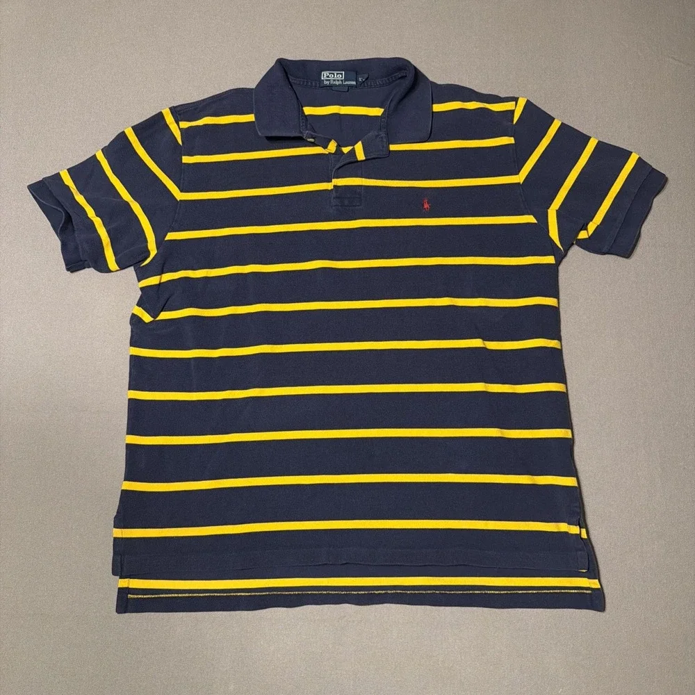 Vintage Polo Ralph Lauren Size XL Blue Stripe Yellow Polo Short Sleeve